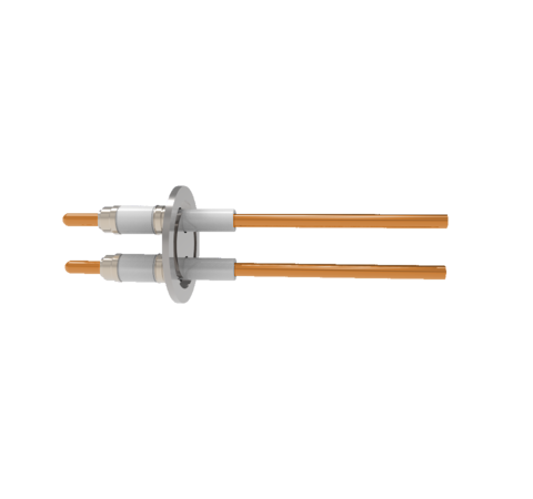 0.250 Conductor Diameter 2 Pin 25kV 100 Amp Copper Conductor Ceramic Extension on Vacuum Side in a KF40
