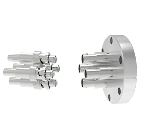 SHV Grounded Shield Recessed 5kV 10 Amp 0.094 Nickel Conductor 4 each in a KF40 Flange With Plug