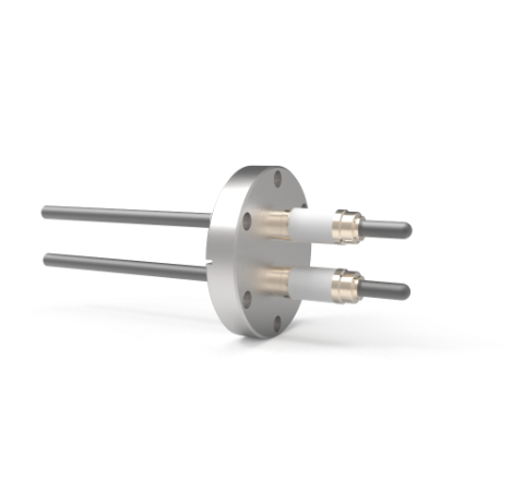 0.250 Conductor Diameter 2 Pin 25kV 93 Amp Molybdenum Conductor Ceramic Extension on Vacuum Side in a CF2.75